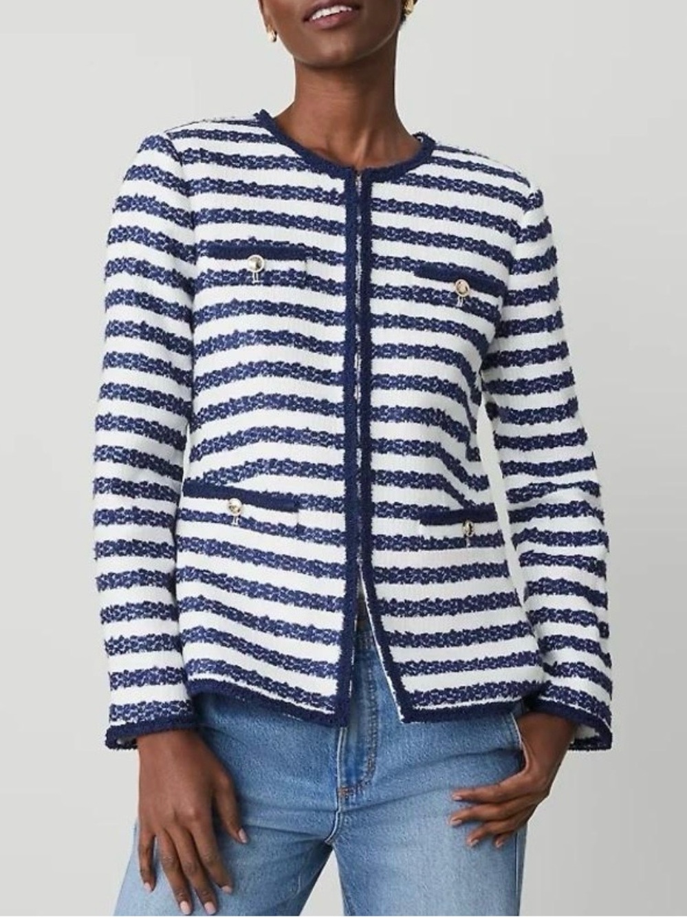 Ann Taylor Navy and White Striped Tweed Jacket gold details, sz 10 M New